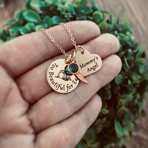 Engraved Miscarriage Necklace for Infant Loss, Mourning Jewelry Miscarriage Gift for Mom &quot;Too Beautiful for Earth&quot;, Silver, Rose Yellow Gold