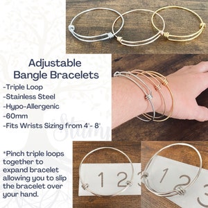 May include: Three adjustable bangle bracelets in silver, gold, and rose gold. The bracelets are made of stainless steel and are hypoallergenic. They are 60mm in diameter and fit wrists from 4 to 8 inches. The bracelets have a triple loop design that allows them to be adjusted to fit different wrist sizes. *Pinch triple loops together to expand bracelet allowing you to slip the bracelet over your hand.