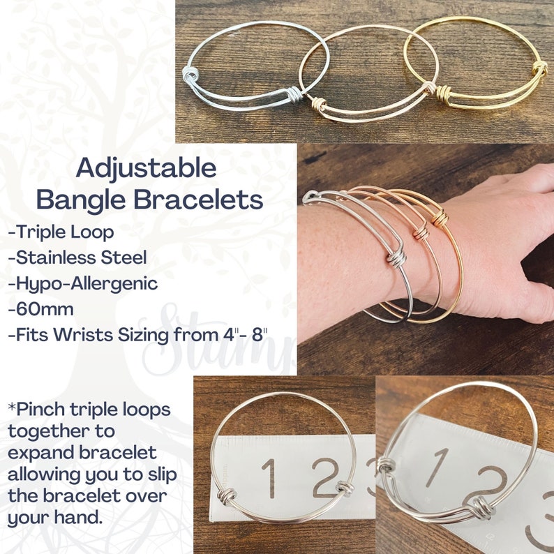 May include: Three adjustable bangle bracelets in silver, gold, and rose gold. The bracelets are made of stainless steel and are hypoallergenic. They are 60mm in diameter and fit wrists from 4 to 8 inches. The bracelets have a triple loop design that allows them to be adjusted to fit different wrist sizes. *Pinch triple loops together to expand bracelet allowing you to slip the bracelet over your hand.