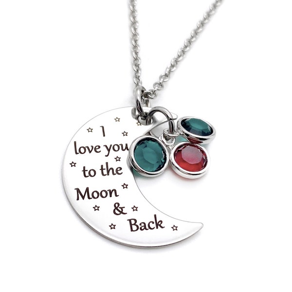 Engraved I Love You To The Moon and Back Personalized Birthstone Grandma Necklace, Multiple Colors and Chain Options