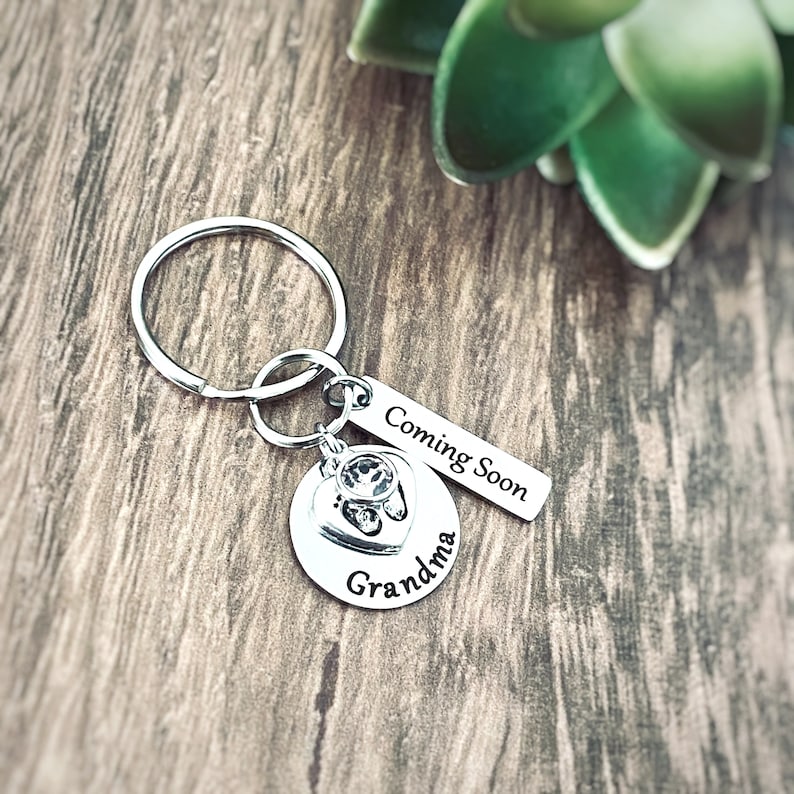 Coming Soon Pregnancy Announcement to Family, Surprise Pregnancy Reveal, Personalized Silver Engraved Keychain, image 6