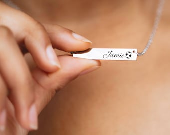 Personalized Soccer Ball Bar Necklace: Engraved Stainless Steel Soccer Gift