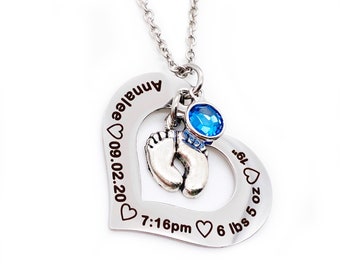 New Mom Jewelry, Open Heart Baby Stat Birthstone Necklace, First