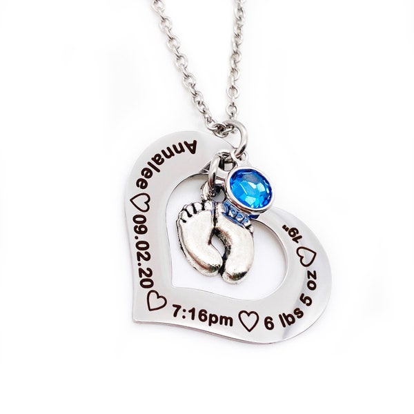 New Mom Jewelry, Open Heart Baby Stat Birthstone Necklace, First Time Mom Personalized Push Present Gift