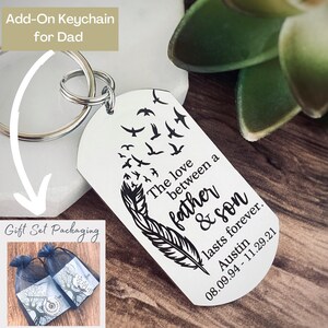 Addon option to include a silver dog tag keychain engraved with a feather and flying birds and the phrase The love between a father and son last forever. bottom of the keychain has the childs name date of birth and heaven date.