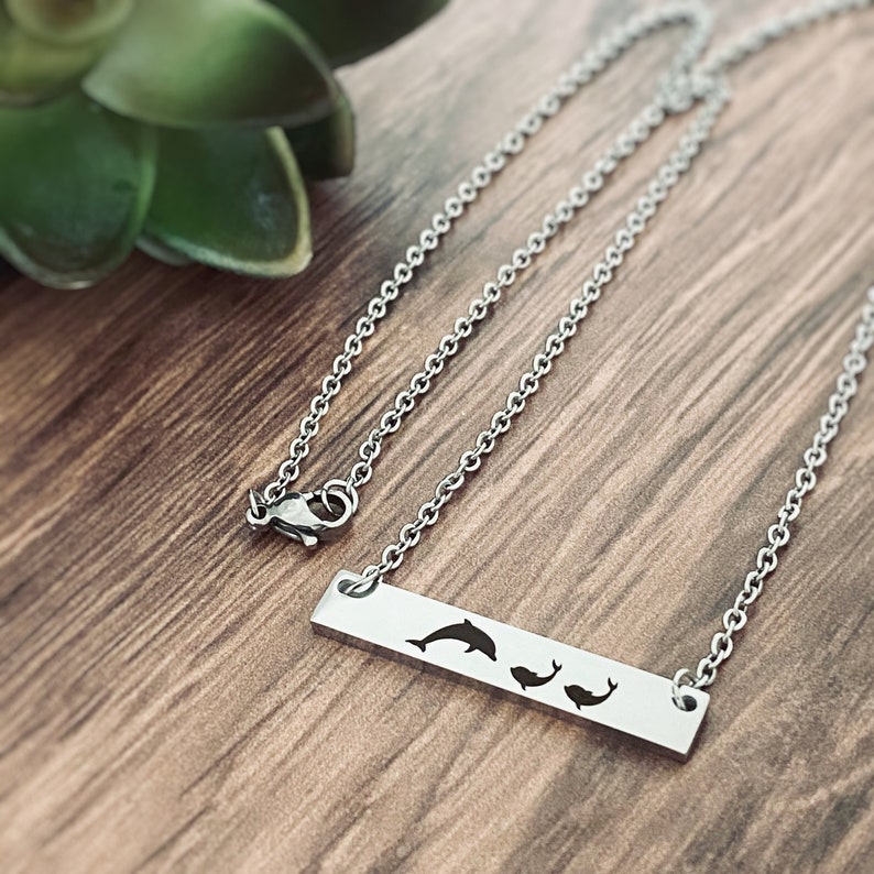 Dolphin Jewelry Mom Necklace, Engraved Bar Necklace, Mom Birthday Gift, Multiple Lengths and Colors image 1