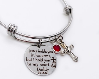 Sympathy Gift, Mourning Jewelry, Religious Cross Charm, Personalized Engraved Bangle Bracelet