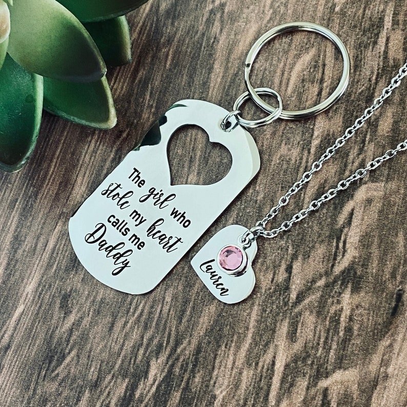 Engraved The Girls Who Stole My Heart Dog Tag Keychain, Dad Gift, Father Daughter Gift Set, Dad Birthday Gift image 1