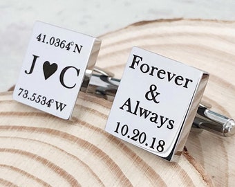 Coordinates Groom Cufflinks, Initial Cufflinks, Personalized Engraved Silver Square Custom Cufflinks, "Forever & Always" with Wedding Date