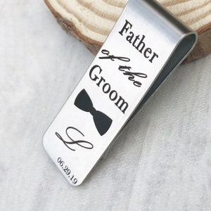 Father of the Groom Bowtie Money Clip, Wedding Gift For Dad, Personalized Engraved Initials and Wedding Date