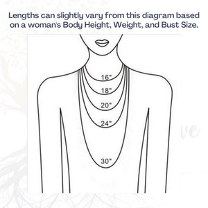 May include: A line drawing of a person wearing a necklace with different lengths marked in inches: 16", 18", 20", 24", and 30". The text "Lengths can slightly vary from this diagram based on a woman's Body Height, Weight, and Bust Size." is at the top of the image.