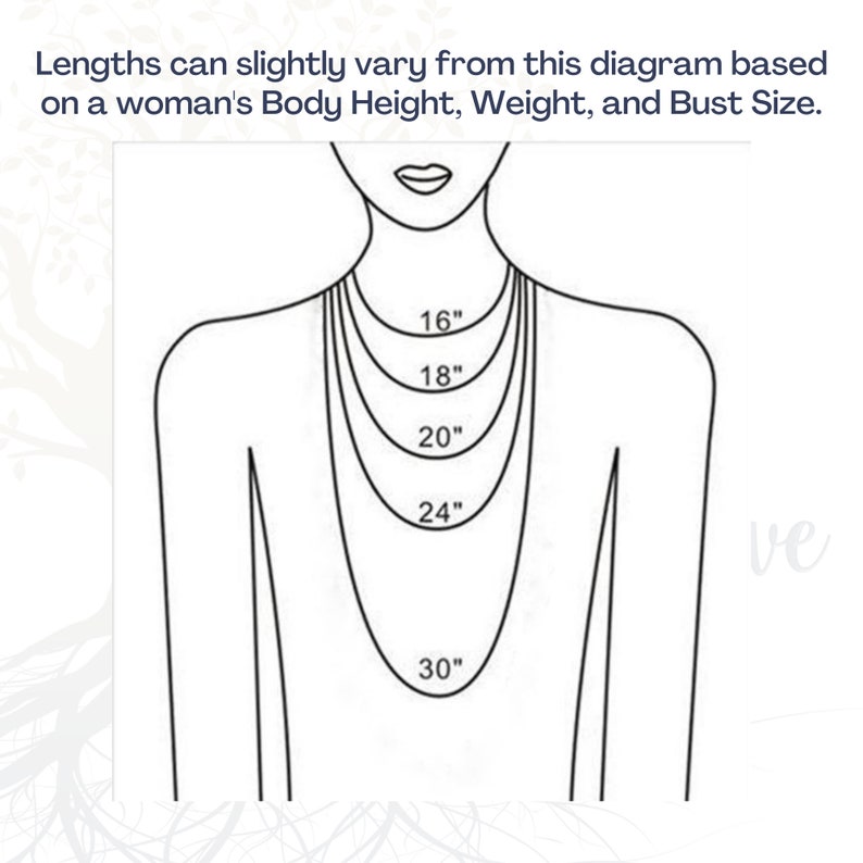 May include: A line drawing of a person wearing a necklace with different lengths marked in inches: 16", 18", 20", 24", and 30". The text "Lengths can slightly vary from this diagram based on a woman's Body Height, Weight, and Bust Size." is at the top of the image.