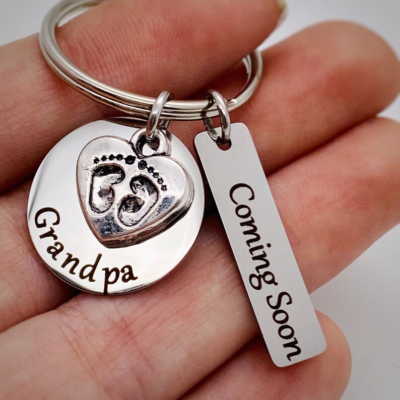 Coming Soon Pregnancy Announcement to Family, Surprise Pregnancy Reveal, Personalized Silver Engraved Keychain, image 4