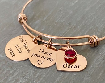 Personalized Engraved Memorial Heart Charm Bracelet, in Multiple Colors, "God has you in his arms..."