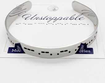 Morse Code Bracelet, Engraved "Unstoppable" Silver Cuff Bracelet, Inspirational Gift for Her, Best Friend Gift