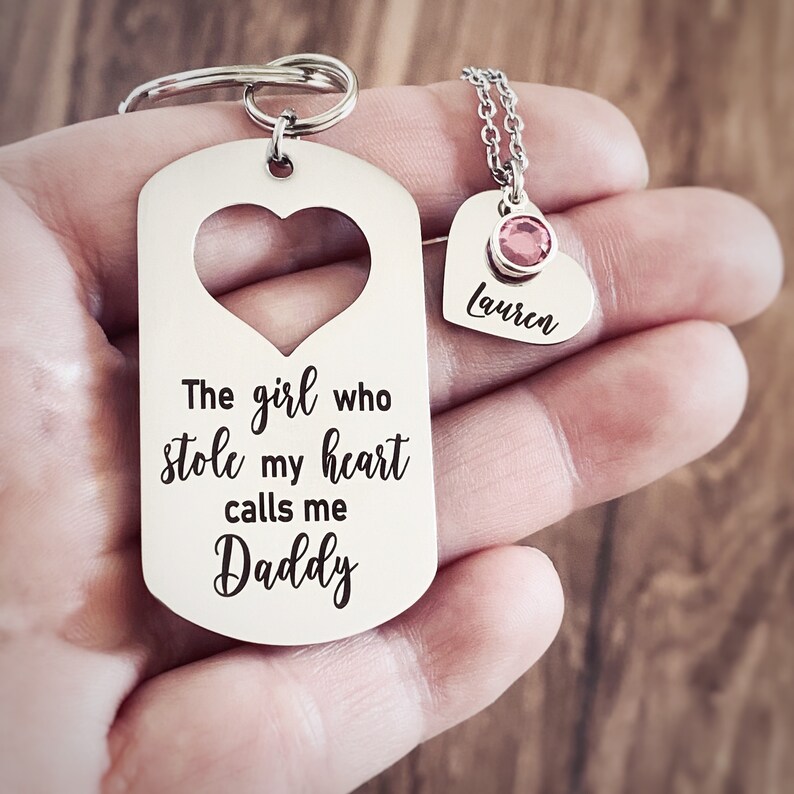 Engraved The Girls Who Stole My Heart Dog Tag Keychain, Dad Gift, Father Daughter Gift Set, Dad Birthday Gift image 5