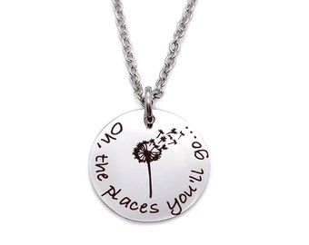 Dandelion Necklace, Flower Necklace, Gift for Her, Personalized Engraved Silver Pendant Necklace