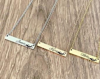 Swimmer Engraved Bar Name Necklace, Gift for Daughter