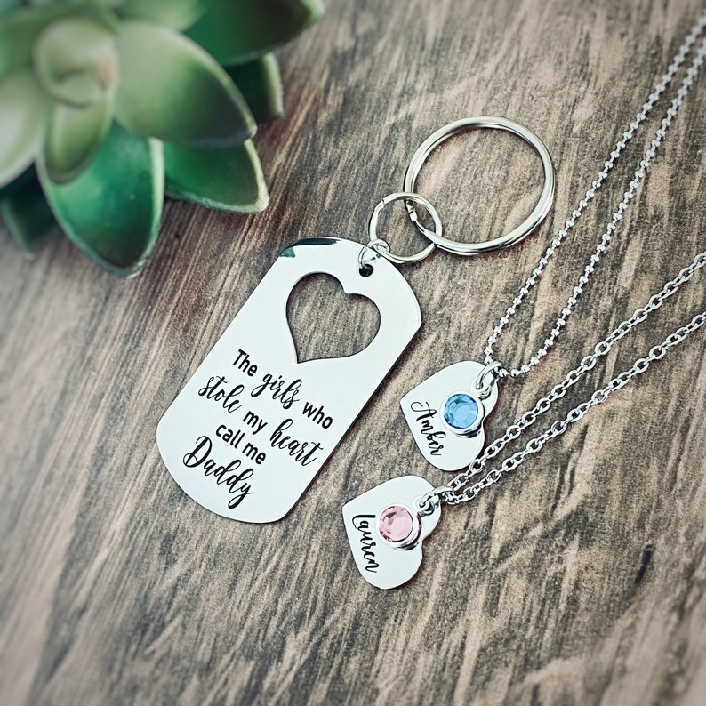 Engraved The Girls Who Stole My Heart Dog Tag Keychain, Dad Gift, Father Daughter Gift Set, Dad Birthday Gift image 2