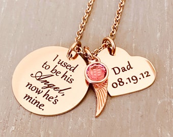 Engraved Mourning Jewelry, In Memory of Dad Angel Wing Necklace, Loss of Father Memorial Gift for Her, I used to be his Angel, now he's mine