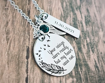 Joyería conmemorativa grabada personalizada, collar de condolencias, regalo para ella, varios colores y longitudes: Tus alas estaban listas, pero mi corazón no.