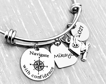 Personalized Compass Bracelet, College Graduation Gift for Her, "Navigate with Confidence" Charm Bracelet