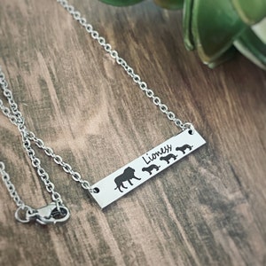 Lion Necklace, Lion Jewelry, Lioness, Mom Necklace, Mom Gifts,  Engraved Bar Necklace- Multiple Lengths and Colors