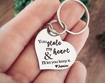 Custom Engraved Heart Keychain, Cute Boyfriend Valentine's Day Gift "You stole my heart & I'll let you keep it"