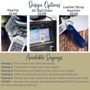 Graphic showing the 3 designs available Keyring, 30 inch ball chain, or leather strap keychain. And the 5 available memorial sayings