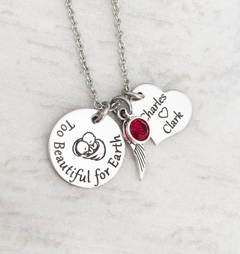 Wing Too Beautiful for Earth Twin Pregnancy Loss Memorial Necklace for Mom Personalize with Heart Name Tag and Birthstone