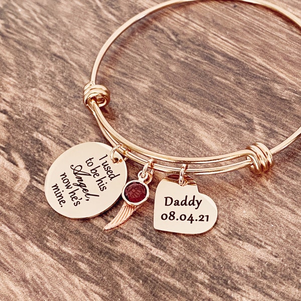 Rose Gold Personalized Engraved Memorial Bracelet, Loss of a Dad Sympathy Gift, "I used to be his Angel, now he's mine"