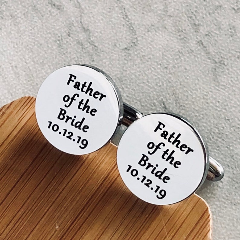 Engraved Wedding Date Gift for Dad Father of the Bride Personalized Silver Round Cufflinks for Dad