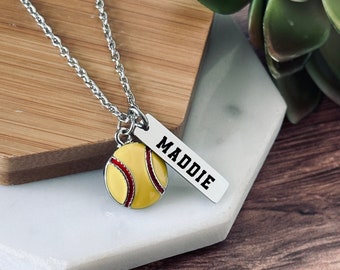 Personalized Softball Charm Necklace: Engraved Name/Number, Stainless Steel