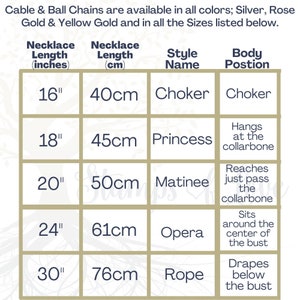 Puede incluir: Tabla que muestra las longitudes de los collares en pulgadas y cent&iacute;metros, junto con el nombre del estilo y la posici&oacute;n del cuerpo correspondientes. Las longitudes incluyen 16 pulgadas, 18 pulgadas, 20 pulgadas, 24 pulgadas y 30 pulgadas. Los estilos incluyen gargantilla, princesa, matin&eacute;, &oacute;pera y cuerda.