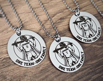 Girls Softball Necklace Team Gifts with Team Name and Jersey Number, Custom One Team One Family Softball Jewelry