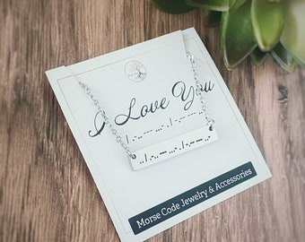 I Love You, Morse Code, Horizontal Bar Necklace, Gift for Girlfriend, Available Sizes 16", 18", 20" in Silver, Rose Gold, or Yellow Gold