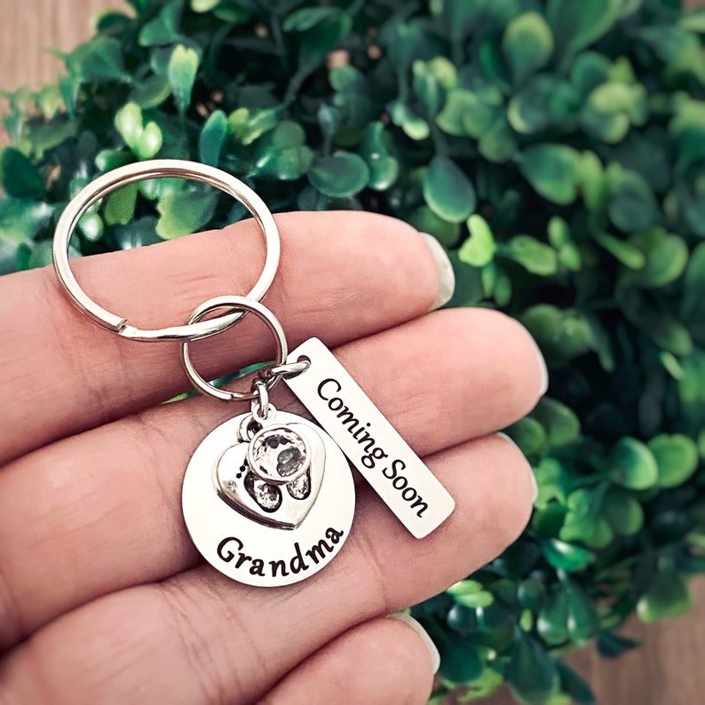 Coming Soon Pregnancy Announcement to Family, Surprise Pregnancy Reveal, Personalized Silver Engraved Keychain, image 1