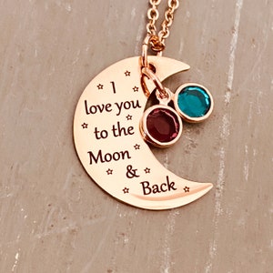 Engraved I Love You To The Moon and Back Mother&#39;s Birthstone Moon Necklace, Birthday Gift for Moms
