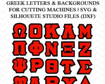 Puede incluir: Letras griegas rojas con contornos negros, incluyendo Omega, Omicron, Kappa, Alpha, Mu, Phi, Nu, Epsilon, Zeta, Psi, Rho, Pi, Tau, Sigma, Theta, Lambda, Beta, Chi, Delta, Eta, Gamma e Iota. Estas letras son para máquinas de corte y están disponibles en formatos SVG y DXF.