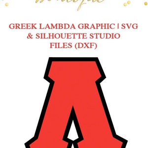 May include: A red letter "A" with a black outline, set against a white background. The image includes text that reads "CORAL CHARM boutique" and "GREEK LAMBDA GRAPHIC | SVG & SILHOUETTE STUDIO FILES (DXF)".