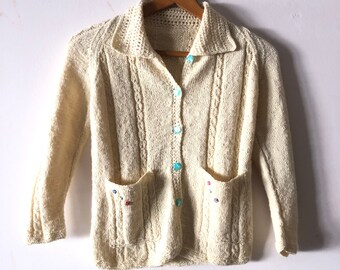 vintage handmade collared cardigan with green buttons and pockets | buttermilk cottagecore yellow cable knit design spring knit