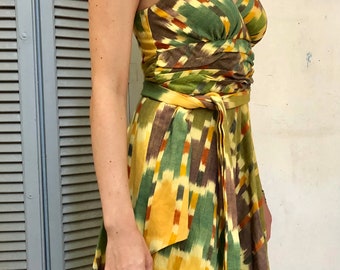 Ikat dress boho fit and flare cotton | vintage Marc Jacobs sundress | yellow strapy dress V-neck/ full skirt size US2