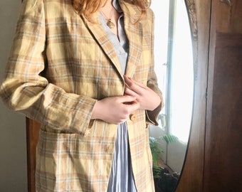 Vintage Linen blazer | coastal grandmother 1990s jacket| chic tailored academia pastel oversized single breasted padded shoulders overcoat