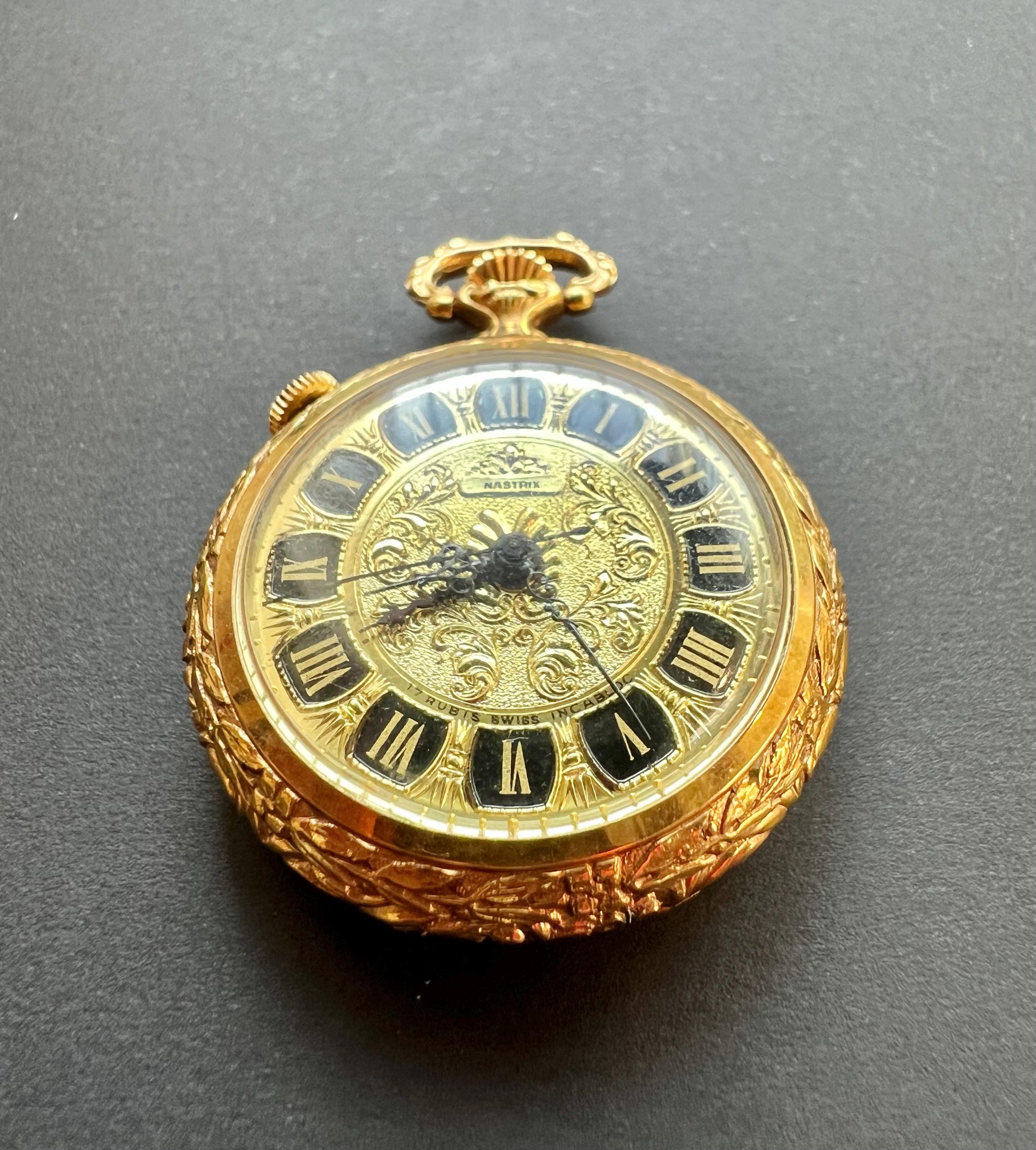 Vintage NASTRIX - Ornate Gold Tone Pocket Watch - Swiss 