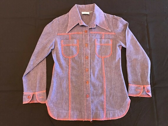 Vtg 1970s women's denim shirt small/medium red st… - image 1