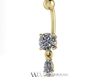 Moissanite Genuine 6mm Belly Navel Ring with 5x3mm Dangle Curved Barbell 14k Yellow Gold, 14k White Gold or Platinum 14 ga 16 ga Gift