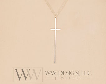 Minimalist Long CROSS Necklace - Customize- Thin 14k Solid Gold Y, W, R, Silver or Diamond Celebrity Style Nene RHOA Chenoweth KLG Kathy Lee