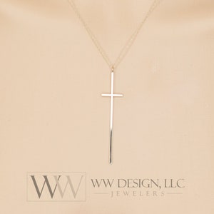 Minimalist Long CROSS Necklace Customize Thin 14k Solid Gold Y W