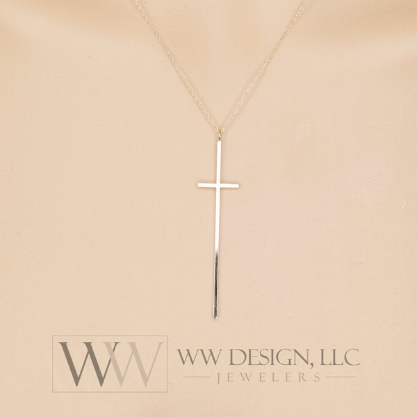 Minimalist Long CROSS Necklace - Customize- Thin 14k Solid Gold Y, W, R, Silver or Diamond Celebrity Style Nene RHOA Chenoweth KLG Kathy Lee