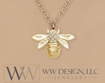 Bumble Bee Diamond 0.03 ctw Pendant Necklace 14k Solid Gold, 14k Rose Gold, 14k White Gold Christmas 12.2mm x 8.4mm Honey Bee Diamond charm